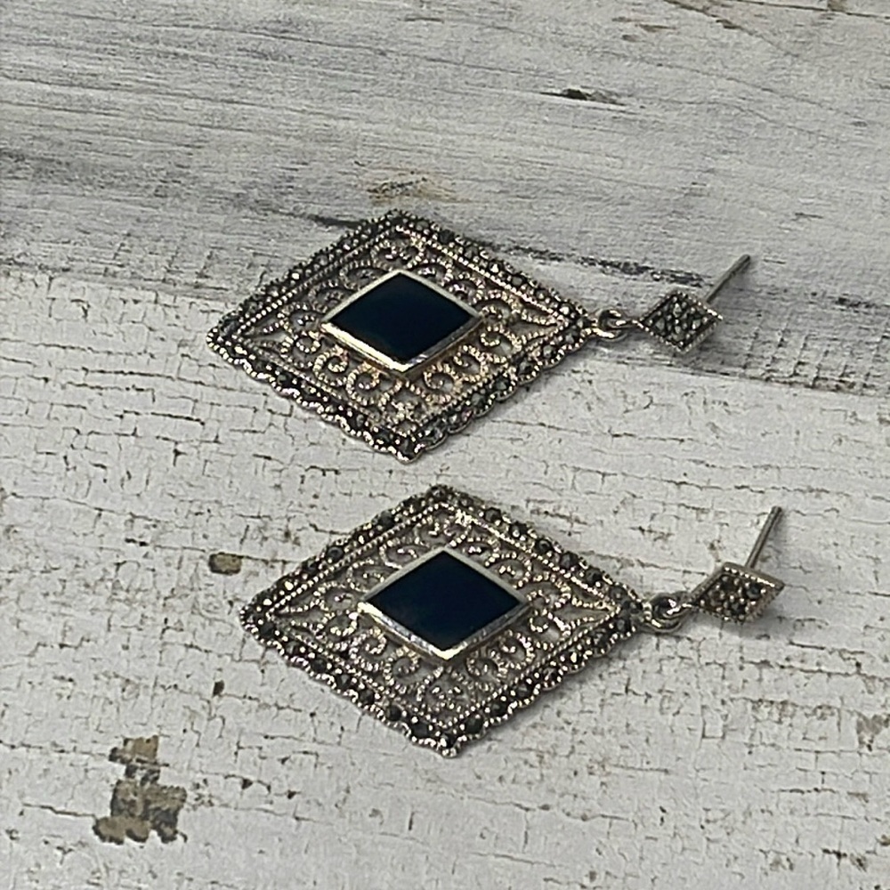Vintage Sterling Silver Marcasite Black Onyx Filigree Dangle Earrings - Picture 4 of 6
